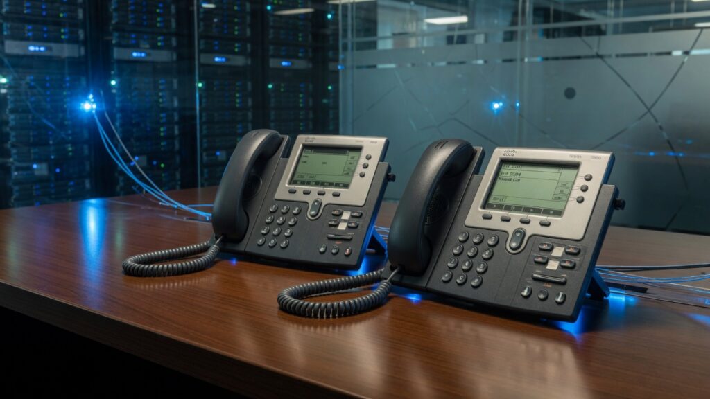 Two classic Cisco IP Phone 7900 series desk phones (7940 and 7960 style) on a desk with blue server-room lighting