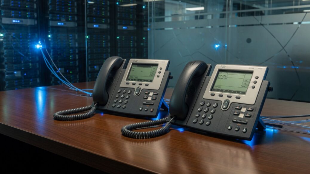 Two classic Cisco IP Phone 7900 series desk phones (7940 and 7960 style) on a desk with blue server-room lighting