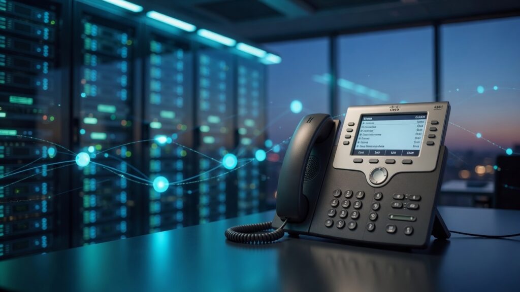 Abstract enterprise network operations center with cyan blue lighting, server racks, and a professional desk phone